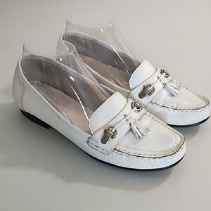 White Soft Leather Loafers with Tassels and Pewter Metal Ornament Rubber Soles